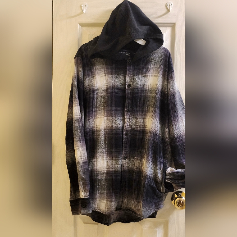 PACSUN Men's Hooded Flannel Shirt Plais Black Grey White Side Pockets Medium